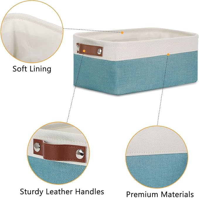 DULLEMELO Storage Baskets Bins for Organizing, Small Fabric Baskets for Shelves, Closets, Nursery, Home, Office, Empty Gift Baskets (6-Pack, White&Teal)