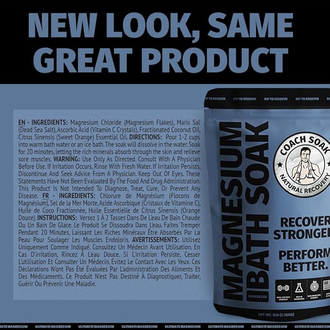 Coach Soak Recovery Bath Soak - Alternative to Epsom Salt Bath Soak - Fast-Absorbing Pure Magnesium Flakes with 21 Minerals, Bath Salts & Essential Oils - 3 lb (1 Pack) - Unscented