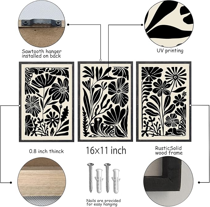 Abstract Floral Botanical Wall Art 16x11 Inch 3 Piece Black Vintage Boho Plant Flower Minimalist Wood Frame Sign Home Living Room Family Office Mid Century Print Wall Hanging Decor (Black)