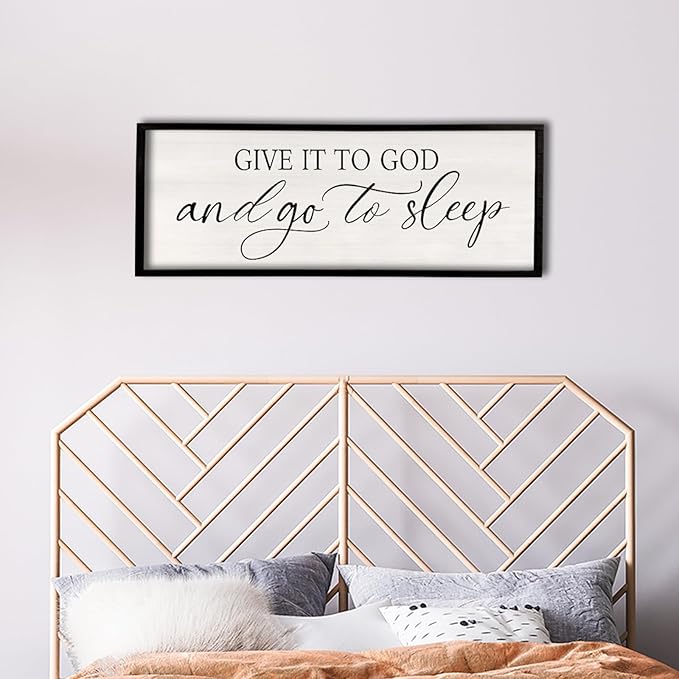 comurdyo Give It To God And Go to Sleep Sign 40''×15'' Master Bedroom Above Bed Wall Decor Wood Framed Couple Large Farmhouse Guest Room Rustic Simple Over Bedside Wall Art Hanging Decor (Black)