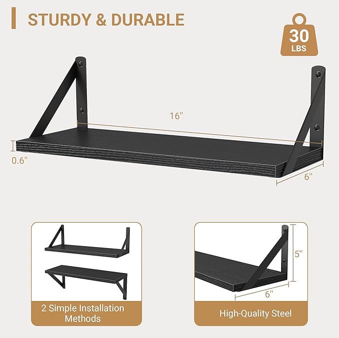 Heimlove Floating Shelves for Wall, 16 Inch Long Wood Floating Shelves Set of 3, Wall Mounted Hanging Shelf for Bathroom Bedroom Kitchen, Black