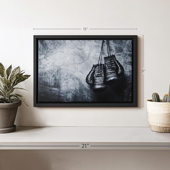 ElephantStock Boxing Gloves Wall Art - Horizontal Framed Canvas - 1-Piece Living Room Wall Decor - Photography Sports Canvas Print - Black and Gray Decor for Wall - 13" X 9"
