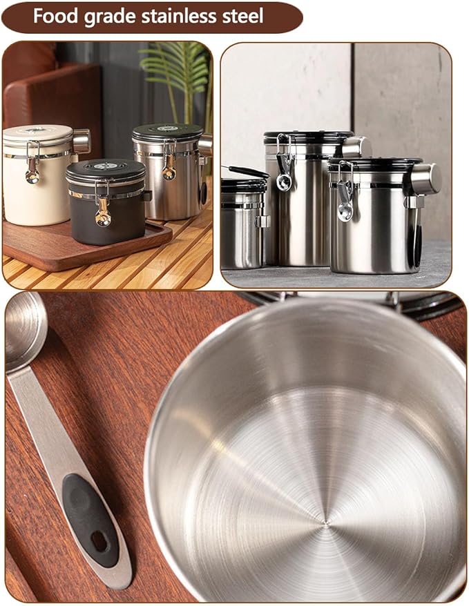 Coffee Canister Airtight Storage Container Stainless Steel Air Tight Coffee Jar with Scoop, Date Tracker CO2 Release Valve for Dry Food, Beans, Ground, Tea, Flour, Cereal and Sugar (1.8L-Silver-2pcs)