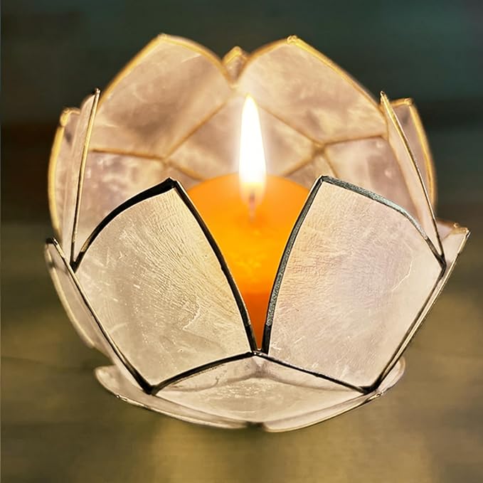 Blooming Lotus Capiz Shell Tealight Candle Holder, Handcrafted Decorative Tea Light Candleholder with Translucent Flower Petals for Ambient Illumination and Natural Elegance, Natural