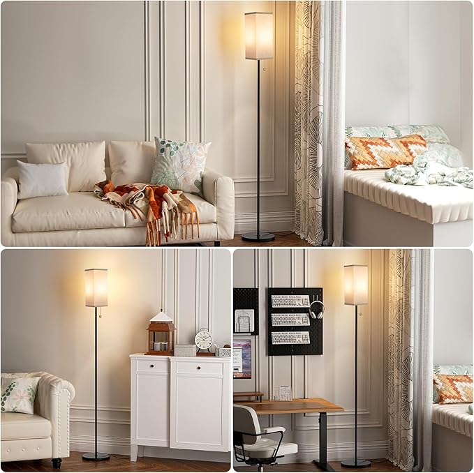 Ambimall Floor Lamp with 3 Color Temperatures Bulb & Pull Chain Switch, 64" Standing lamp, Beige Square Shade & Black Pole