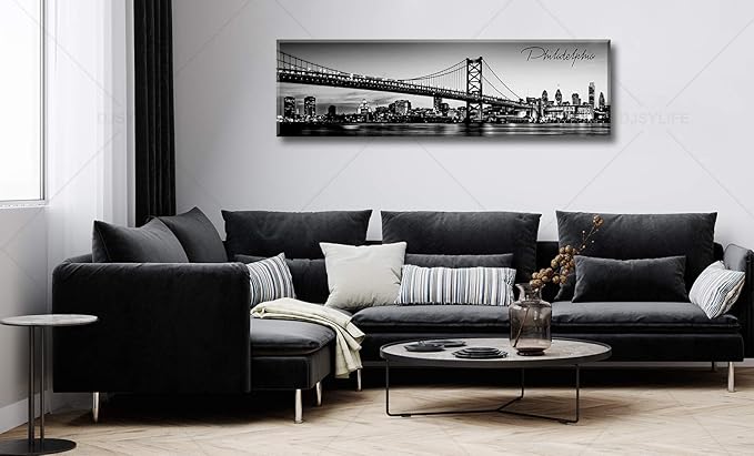 DJSYLIFE- Philadelphia Skyline Wall Art,Black and White Stretched Canvas Wall Art Prints for Bedroom or Office Decoration, Ready to Hang 13.8"x47.3"