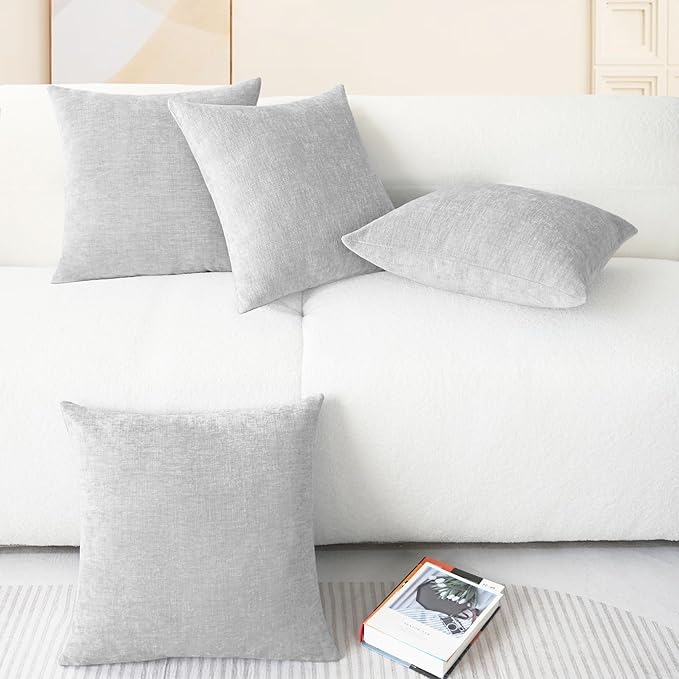 CaliTime Throw Pillow Covers Decorative 18 X 18 Inches Pack of 4 Cozy Chenille Cushion Cases for Couch Sofa Bed Living Room Home Moonbeam Gray