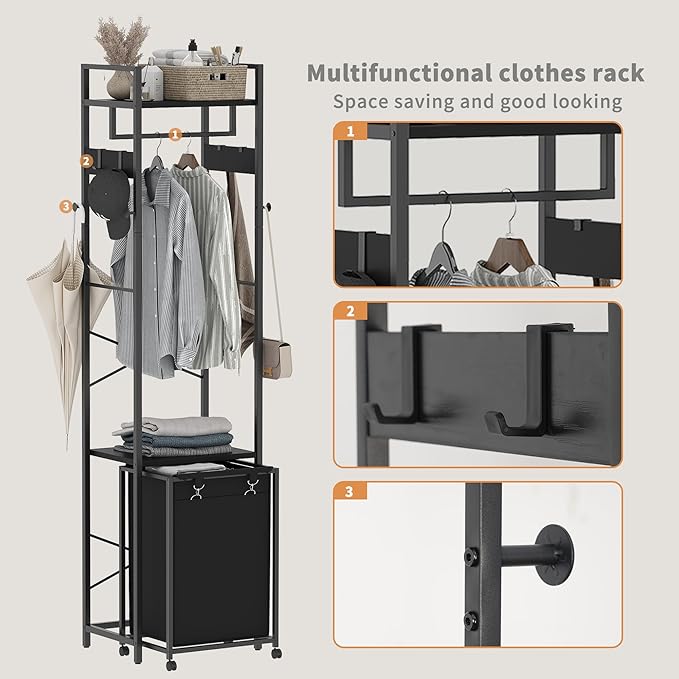 Coat Rack with Laundry Basket, Laundry Hamper Freestanding Hall Tree, Clothes Rack with Storage Shelves, 14.5 Gal Removable Bags on Wheels, Black JLH005B