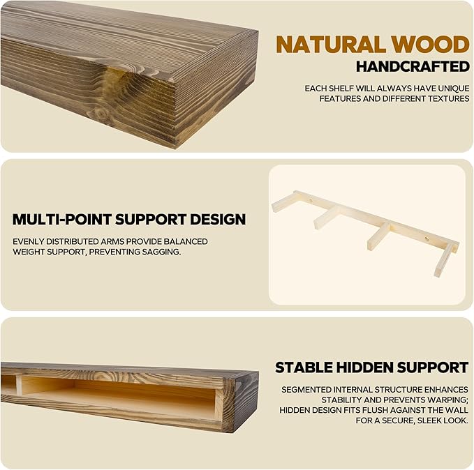 Floating Shelves 3 inch Thick for Wall Set of 2,Solid Pine Wood Wall Mount Shelf for Kitchen Living Room Bedroom Bathroom,8" D x 36" L x 3" H-Black Walnut