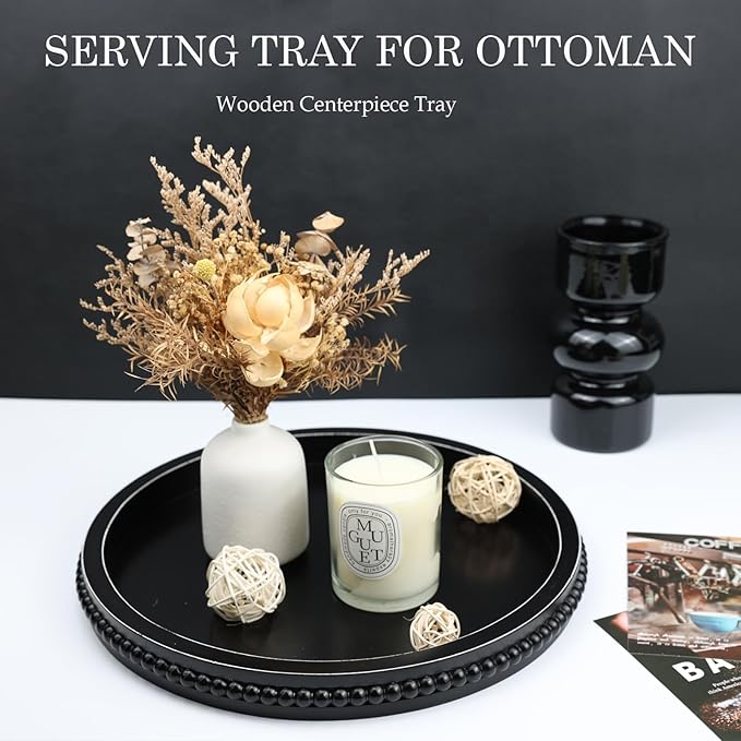 Round Black Wood Serving Tray with Beads, Wooden Decorative Tray for Entertaining, Decoration, and Gifting,