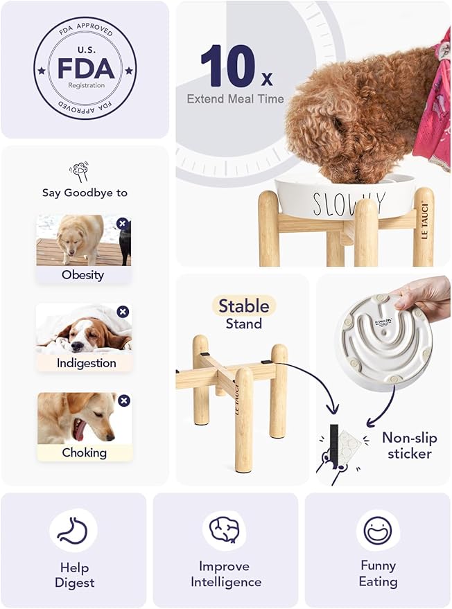 Ceramic Elevated Slow Feeder Dog Bowl - 0.6 Cup Puzzle Feeder with Wooden Stand for Small Breeds, White Pet Dish