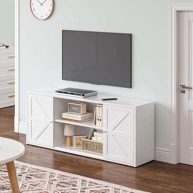 Farmhouse - Style 65 - inch Metal TV Stand: Entertainment Center with Locker, Barn - Style Doors, Adjustable Partition. Medieval Modern Media Console Table for Living Room & Bedroom (White)