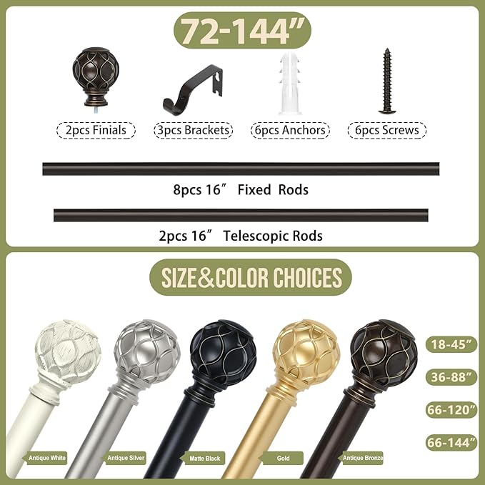 Bronze Farmhouse Curtain Rods for Windows:72-144" Heavy Duty Adjustable Long Curtain Rod for Bedroom Living Room,Boho Decorative Rustic Drapery Rods with Vintage Coastal Finials,Antique Bronze