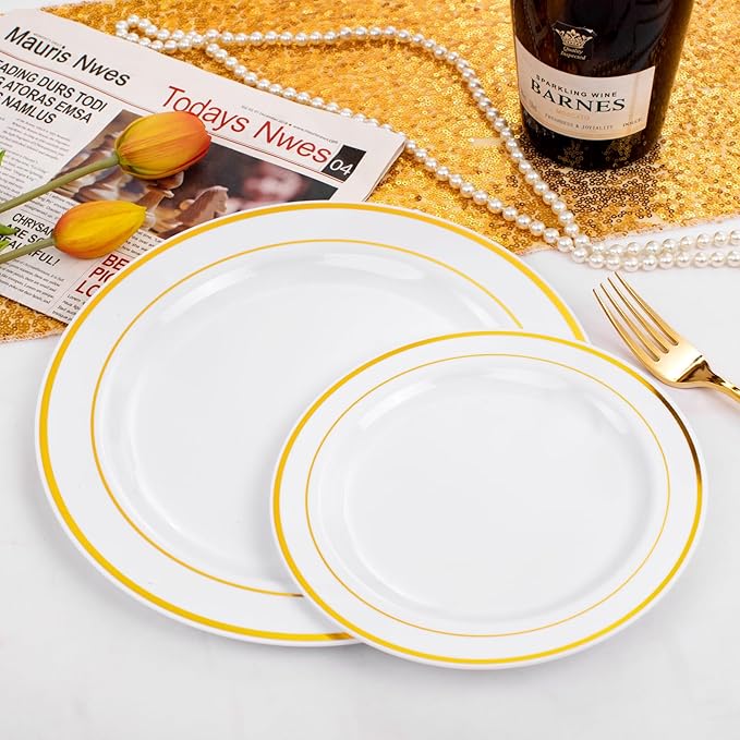 FLOWERCAT 60PCS Gold Plastic Plates - Heavy Duty White and Gold Plastic Plates Disposable for New Year/Thanksgiving Party/Wedding - Include 30PCS 10.25" Dinner Plates and 30PCS 7.5" Dessert Plates