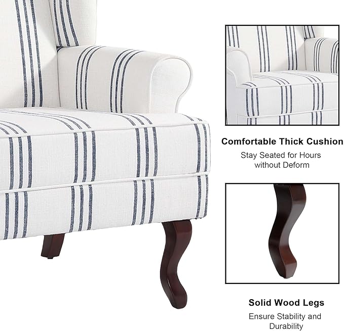 Accent Chair, High Back Upholstered Armchair with High Resilience Sponge & Wood Legs, Mid-Century Modern Comfy Single Sofa Reading Chairs for Living Room, Bedroom (Stripe Navy, Set of 1)