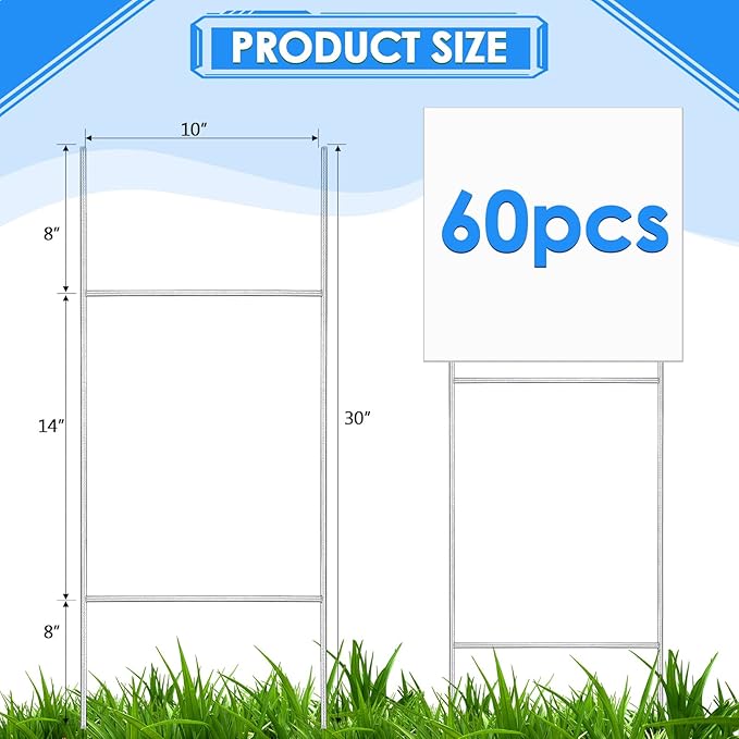 60 Pcs H Stakes for Yard Signs 30'' x 10'' Metal Heavy Duty H Frame Wire Stakes Weatherproof Metal Holder for 4mm 5mm Corrugated Signs Advertising Board Guidepost Yard Halloween Decor