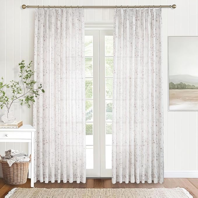 Pink Floral Pinch Pleated Linen Curtains - 2 Panels of Privacy Light-Filtering Printed Curtains Suitable for Dining Rooms and Farmhouses.84 Inches Wide by 90 Inches Long