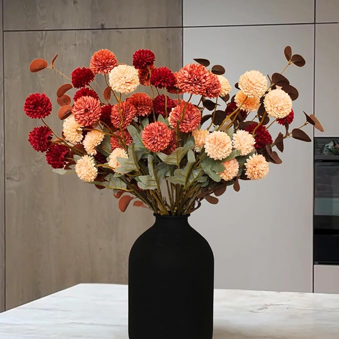 Fall Flowers, Burnt Orange Faux Kiku Flowers Artificial 10 Stems + Eucalyptus, Fake Silk Mums Fall Floral Centerpiece, Autumn Decor, Terracotta Mini Balls Faux Stems For Vase, Decoración de Otoño