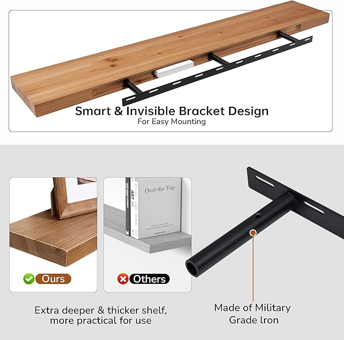 Floating Shelves for Wall, USA-Sourced Fir Wood 48 Inch Wall Shelves Set of 1, Natural Rustic Solid Wooden Floating Shelves Wall Mounted, Nursery Book Storage Shelf, Display Shelf for Bathroom