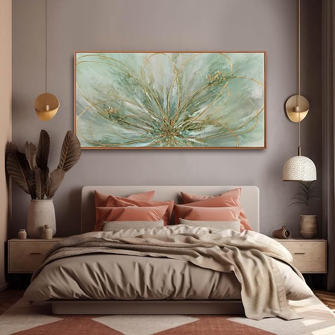 Framed Canvas Prints Gold Line Poster Abstract Wall Ar Green Pictures Wall Decor 29"x 58" Modern Artwork Large Wall Decorations for Living Room Home