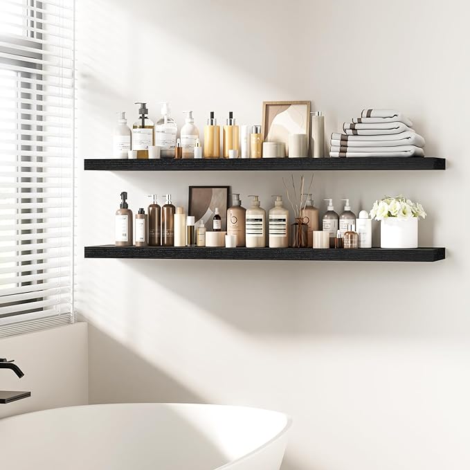 Fun Memories Floating Shelves - 12 Inch Rustic Wooden Wall Shelves - Extra Deeper & Thicker Wall Mounted Storage Shelf for Living Room, Kitchen, Farmhouse - 55" W x 12" D x 1.8" H - Rustic Black