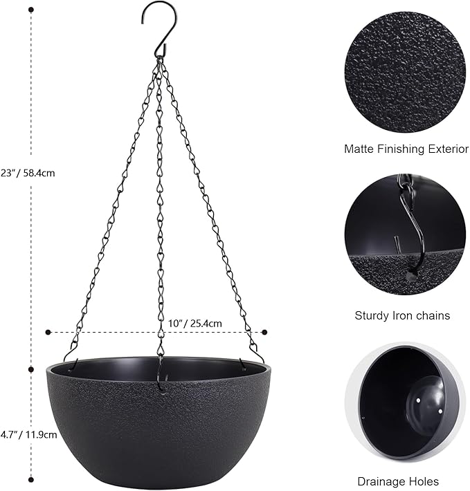 10 inch Hanging Planters for Indoor Outdoor Plants, 2 Pack Hanging Flower Pots with Drainage Holes and Chain for Garden Porch Plants, Round Plastic Hanging Baskets for House Plants, Black