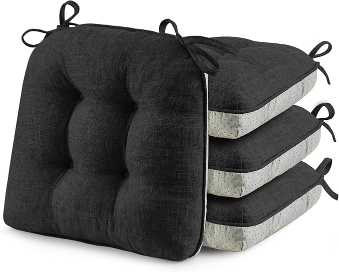puredown® Chair Cushions for Dining Chairs, Tufted Memory Foam Chair Pads with Non-Slip Backing, Kitchen Seat Cushions with Ties, Washable Seat Pad Set of 4, 15.5" x 15.5" x 4", Black