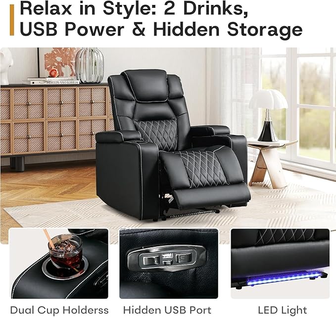 ANJ Power Home Theater Recliner Chair Set of 2, Electric Movie Theater Seating Reclining Chairs with Cup Holders for Living Room, Faux Leather with Blue LED, USB Ports, Hidden Arm Storage (Black)