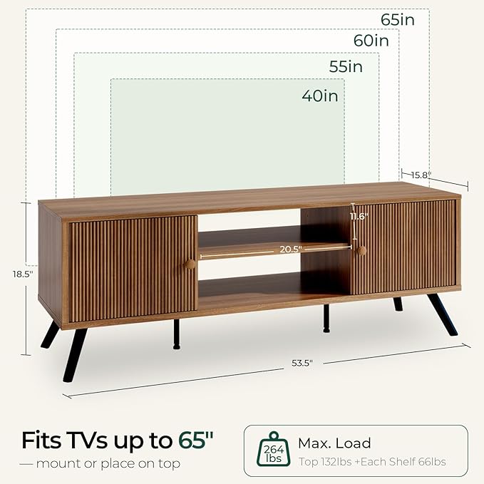 COMHOMA TV Stand for Living Room, Mid Century Modern Entertainment Center for 55/60/65 Inch TVs, Retro Brown TV Console with Fluted Door Cabinets and Open Adjustable Shelve Storage for Bedroom