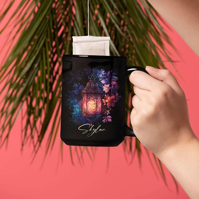 Custom Vintage Lantern With Flowers Coffee Mug, Personalized Name Ceramic Cup 11oz Or 15oz, Glowing Light And Flowers Mug, Customized Enchanted Nature Black Cup, Gift For Friends