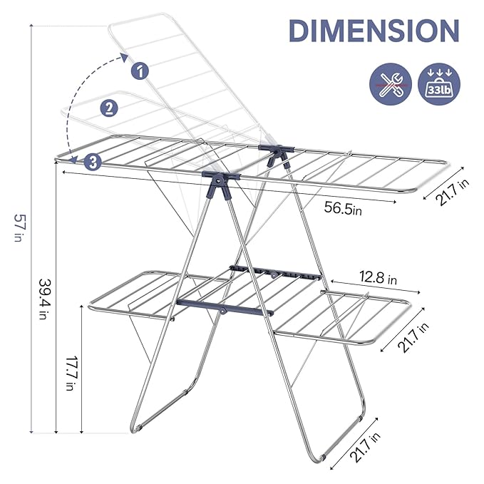 APEXCHASER Clothes Drying Rack with 4 Wings, Drying Rack Clothing with Height-Adjustable, Foldable Gullwings Laundry Drying Rack, Indoor Outdoor Use, No Assembly, Blue