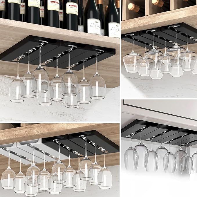 Wine Glass Holder Stemware Rack Hanger Under Cabinet or Counter for Bar,Kitchen and Restaurant Set of 4(black)
