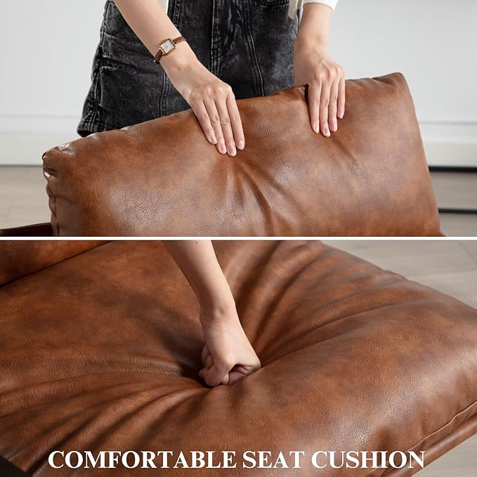 DUOMAY Mid-Century Accent Chair Armchair, Comfy PU Leather Leisure Chair Lazy Chair with Brozen Metal Leg for Living Room Bedroom Office Apartment, Brown