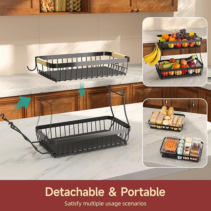 2 Tier Fruit Basket for Kitchen Counter with 2 Mobile Banana Hangers, 2025 Pro Detachable Metal Fruit Bowl with Wooden Handle, Fruit Holder for Bread Snack Veggies with Protective Mats