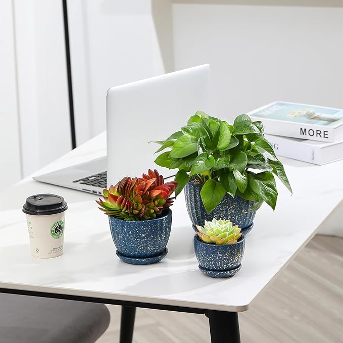 Ceramic Plant Pots with Drainage Holes and Saucers, Round Blue Flower Pots for Indoor Plant, Diameter 3.3/4.3/5.5 Inches Small Mini Flower Planters Set of 3