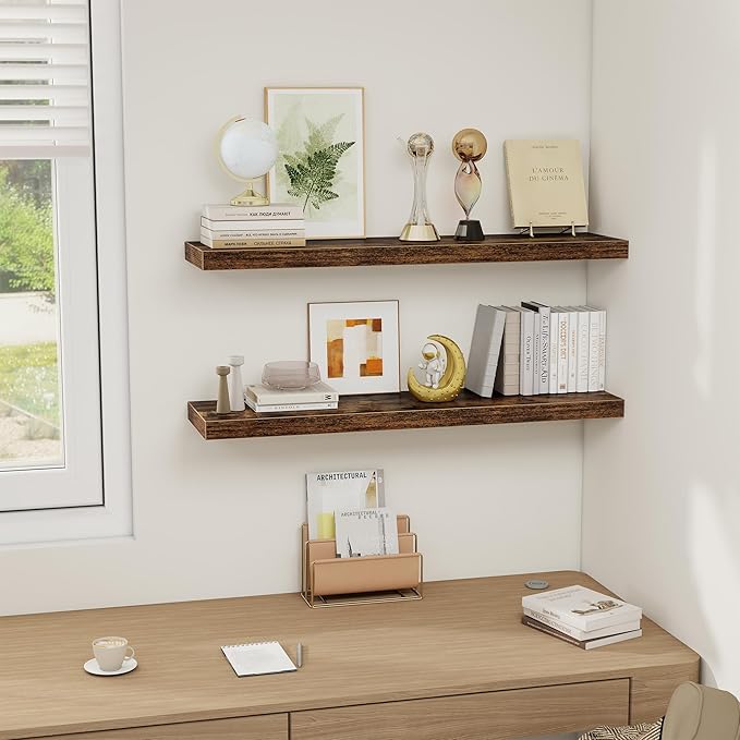 Fun Memories 36 x 8 Inch Floating Shelves for Wall, Farmhouse Bathroom Shelves Set of 2, Wood Wall Shelves 36 Inch Long, 36 x 8 x 1.4 Inch, Rustic Brown