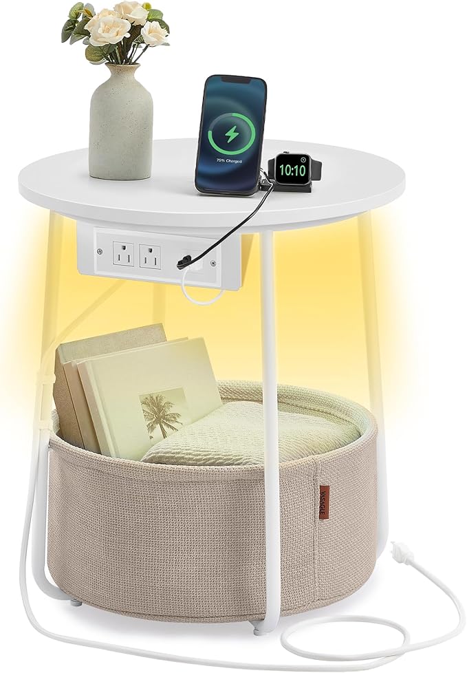 VASAGLE Side Table with Charging Station, Round End Table with Fabric Basket, LED Nightstand with Power Outlets, USB Ports, for Living Room, Bedroom, Modern, Matte White and Camel Brown ULET227W01