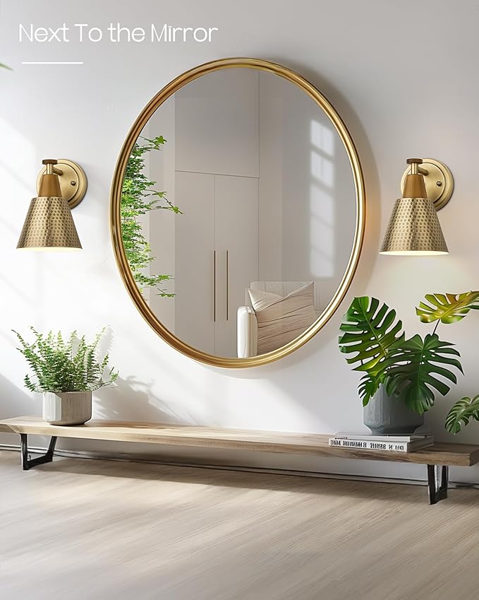 FEMILA Bathroom Light Fixtures 2 Pack, Antique Brass Vanity Light with Hammered Metal Shade, 2-Lights Bath Wall Mounted Lights Wall Lamp for Mirror Kitchen Bedroom, 4FG59B-2 BG