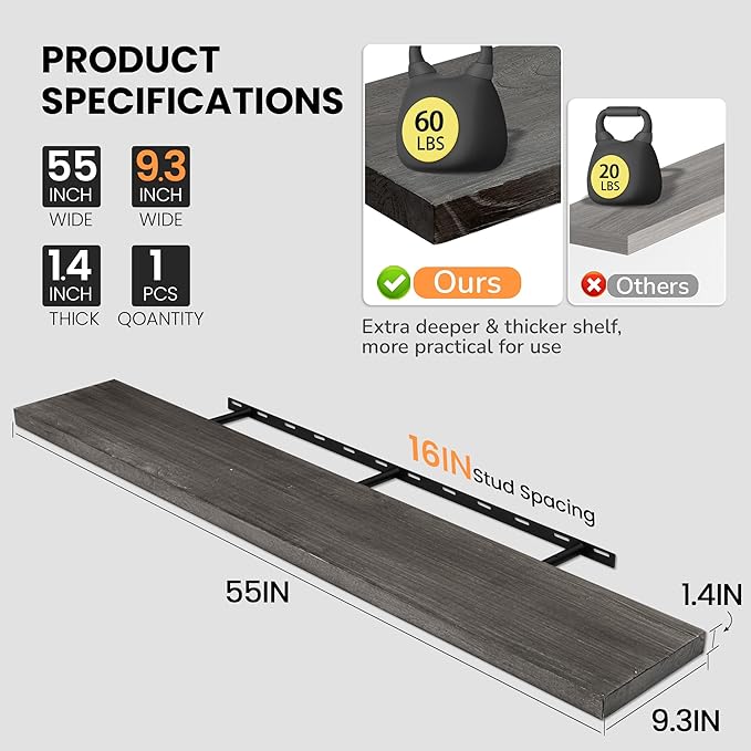 Fun Memories Floating Shelves for Wall, 55"x9.3" Rustic Solid Elm Wood Shelves, Heavy-Duty Wall Mounted Shelves with Invisible Brackets, Set of 2 for Living Room, Bedroom, Kitchen, Grey Finish