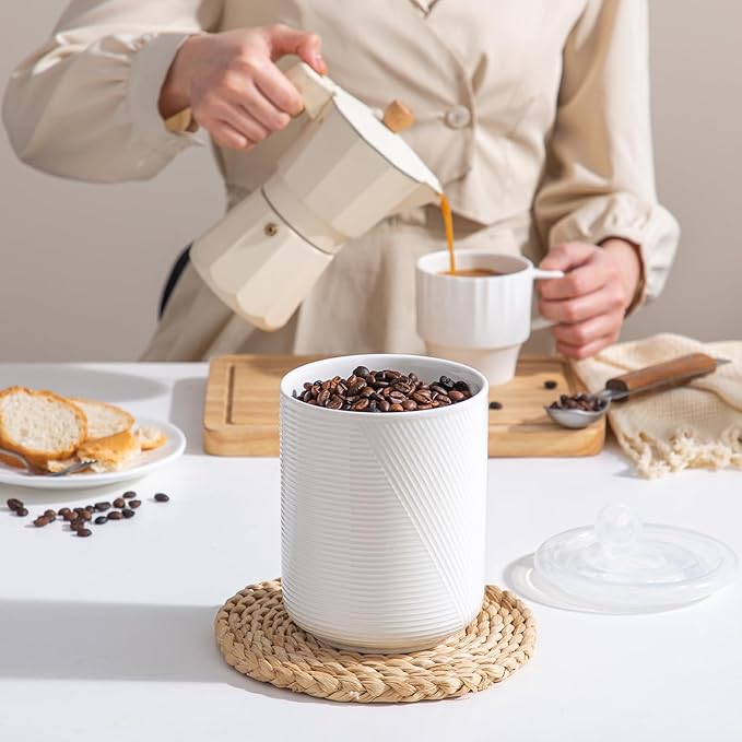 Food Storage Containers with Airtight Lids: Ceramic Canister Sets for Kitchen Countertop - Porcelain Jar for Coffee Tea Flour Sugar Rice Cookies Candy - White (42 oz)
