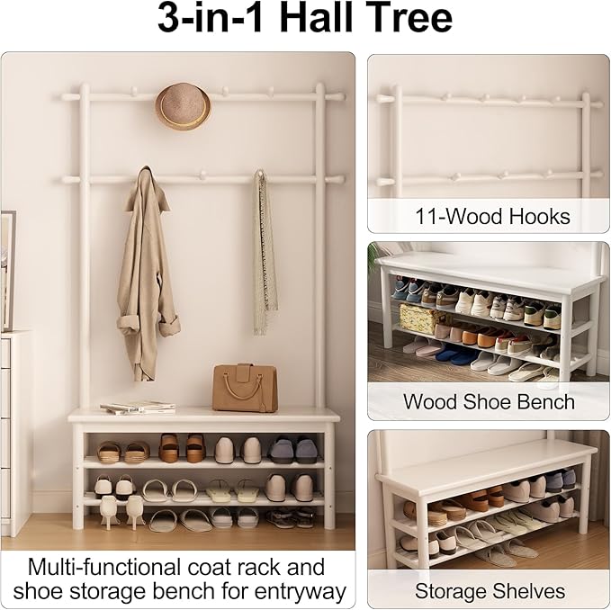 Coat Rack with Shoe Storage, Wooden Hall Tree with Bench, 11 Hooks and 2-Tier Storage Shelves, 3-in-1, Entryway Bench with Coat Rack (39.3"-Deep White)