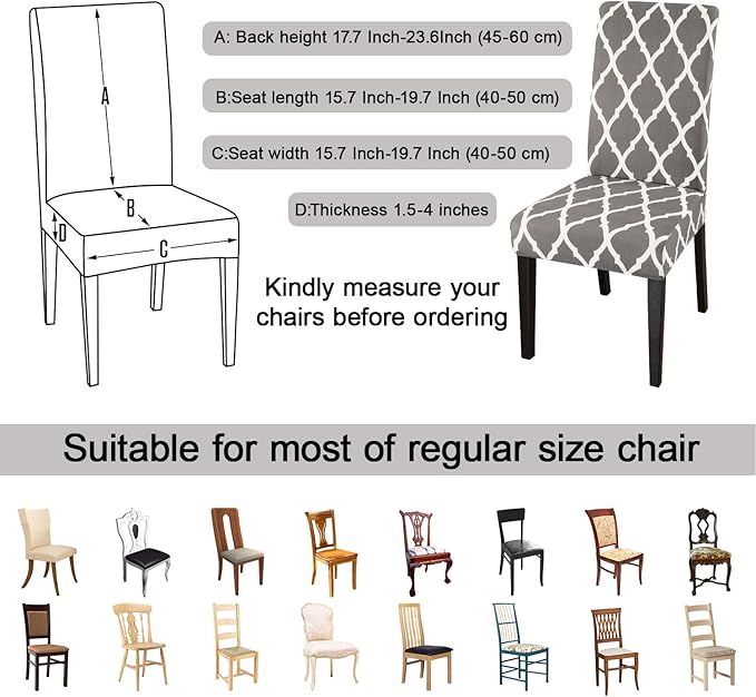 JQinHome Chair Covers for Dining Room 6 Pack, High Stretch Removable Washable Parsons Chair Slipcover for Home Party Hotel Wedding Ceremony (Grey White)