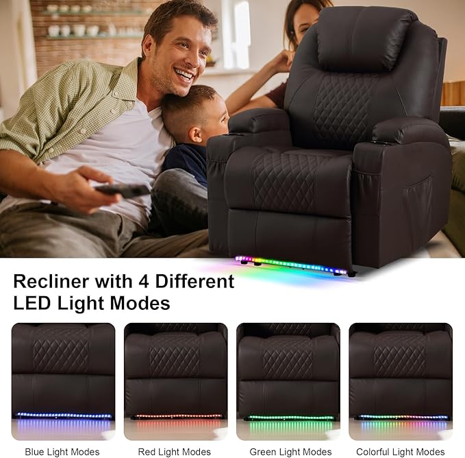 AHMED Power Recliner Chair with Vibration Massage & Heat for Adults, Faux Leather Home Theater Seating with Cup Holders/LED Lights/USB Ports/Side Pockets for Living Room, Brown