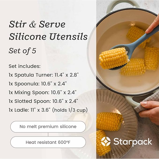 Starpack 'Stir & Serve' Silicone Cooking Utensils Set (5 Pcs) - Kitchen Utensil Set Heat Resistant to 600°F - Kitchen Utensils for Nonstick Cookware - Silicone Utensil Set for Mixing & Cooking