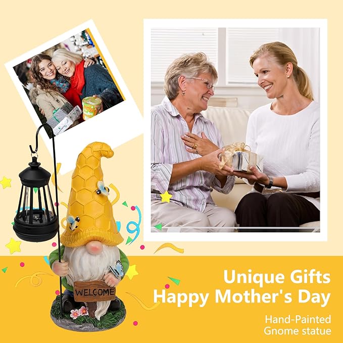 Gnome Garden Decor Statue Mom Dad Gifts Garden Accessories Garden Gnomes Outdoor Lights Solar Resin Gnomes Home Decorations for Patio,Yard,Lawn Ornament