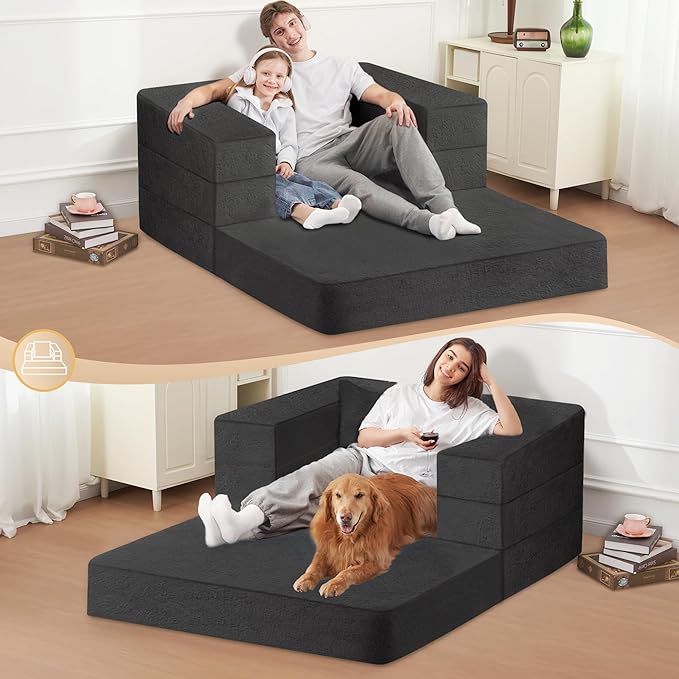 Folding Bean Bag Chair for Adults,3-in-1 Bean Bag Couch Faux Fur Floor Sofa Large Beanbag Convertible Bean Bag Sofa Bed with Pillow in Bedroom,Living Room,Apartment(Twin,Black)