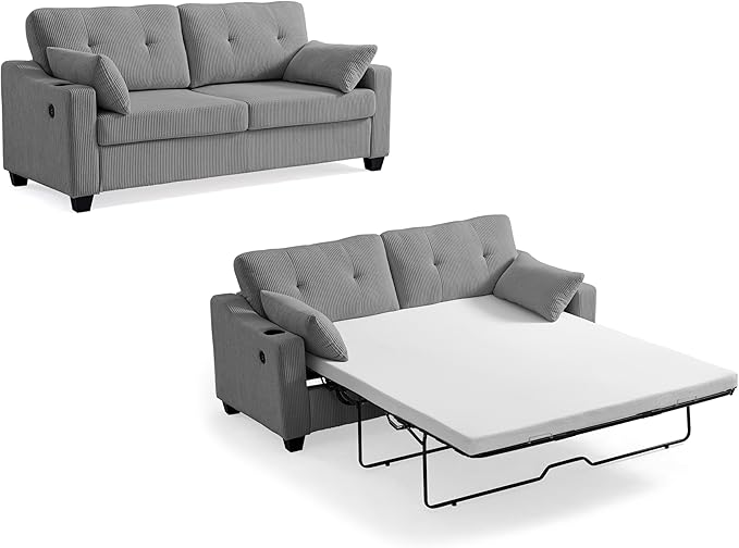 CHIC HOUSE Pull Out Sofa Bed, Full Size Sleeper Sofa, 2-in-1 Convertible Corduroy Couch with USB Charging, Memory Form Couch for Living Room, Apartment and Small Space (Grey, Corduroy - Queen Size)