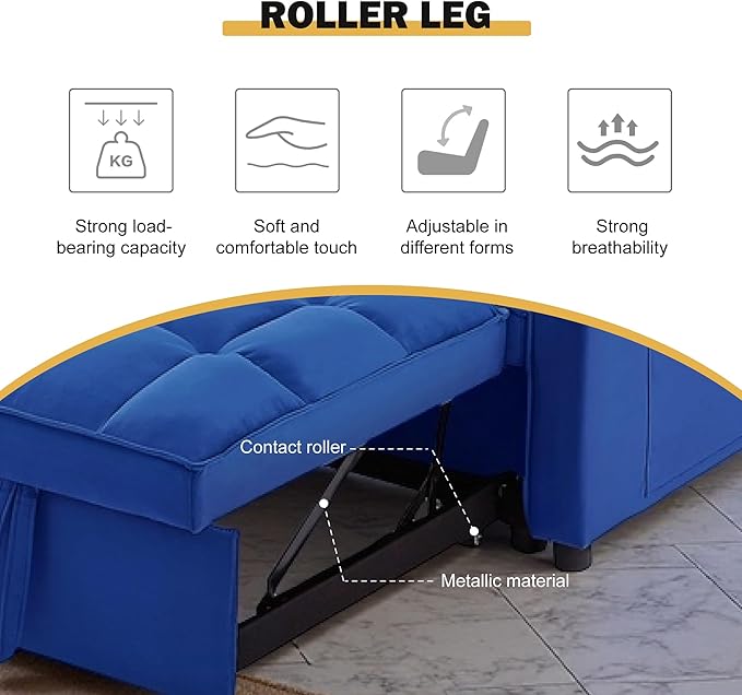 3 in 1 Sleeper Sofa Beds, Futon Sofa Bed for Living Room with Side Pocket, Sleepers Couch with Pullout Bed, Convertible Love Seat Sleepers Couch for Living Room, Bedroom, Small Space, Blue
