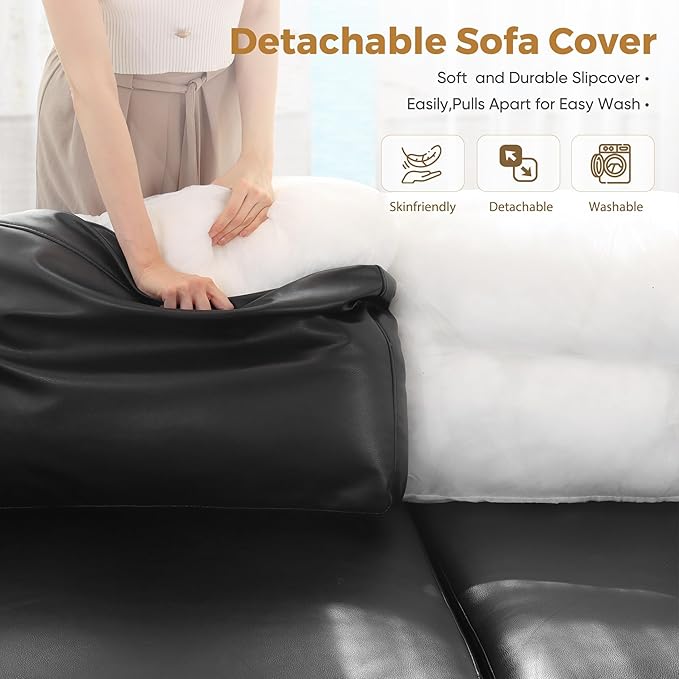 ABCASA 118.5" Faux Leather Modular Sectional Sofa, Modern Large 8 Seater U Shaped Couch with Storage Seat with Reversible Chaise Deep Seat for Living Room DIY Combination - Black