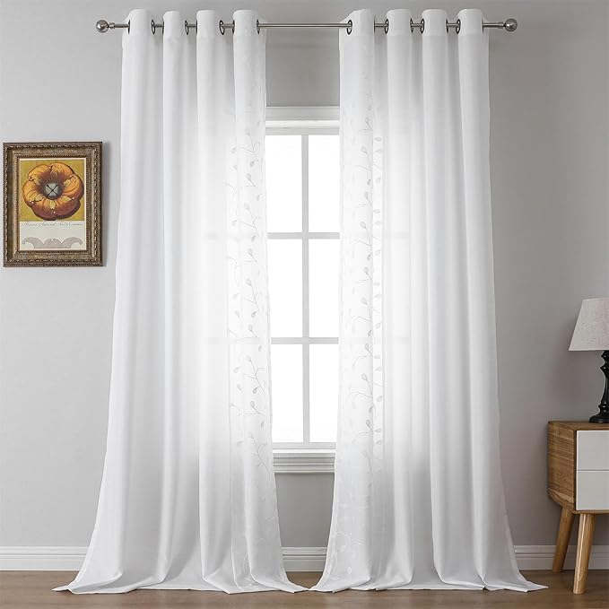 MIUCO Light Filtering Faux Linen Curtains, 84 Inches Long for Bedroom & Living Room, Pure White Floral Embroidered Solid Mix and Match, Semi Sheer Grommet Farmhouse Drapes, 2 Panels Set